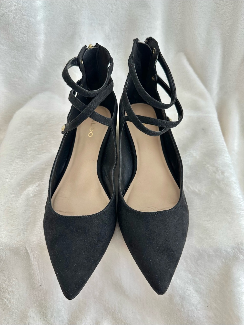 ALDO Marieta Black Suede Ankle Strap Pointed Toe Flats 7.5 - Picture 5 of 10